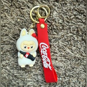 Labubu Coca Cola Series Mini Lanyard Keychain, White Labubu With Coca Bottle